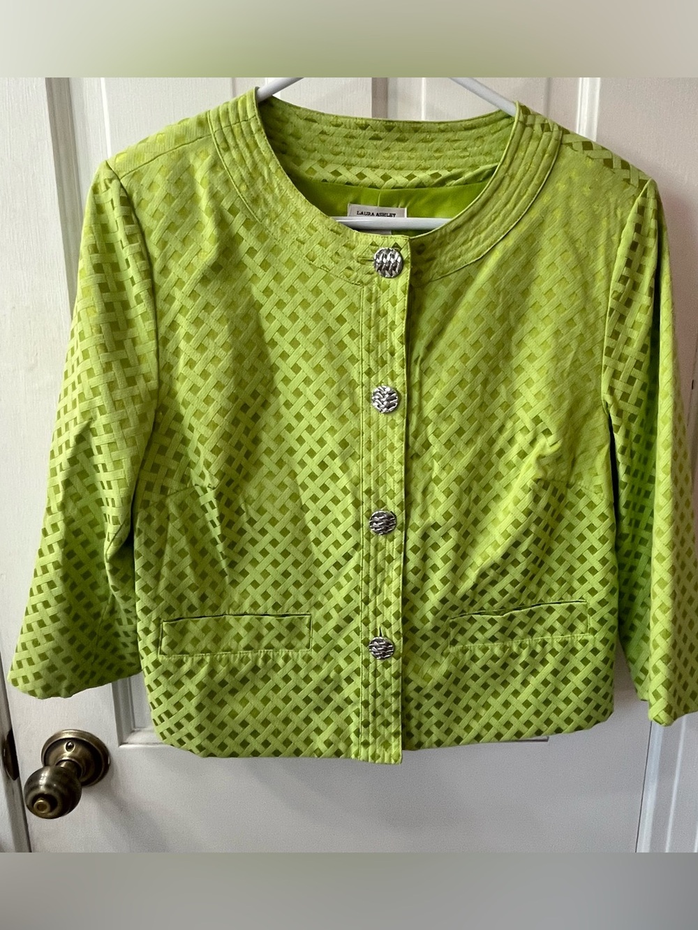 Laura Ashley Bright Lime Green Textured Cropped Jacket with Decorative Buttons